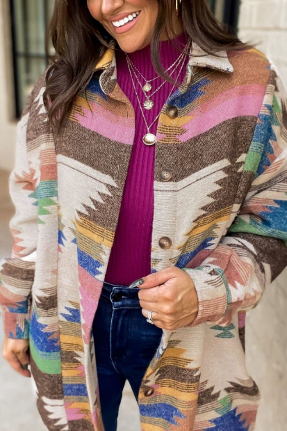 Geometric Button Up Long Sleeve Jacket - Flip Flop Dynasty