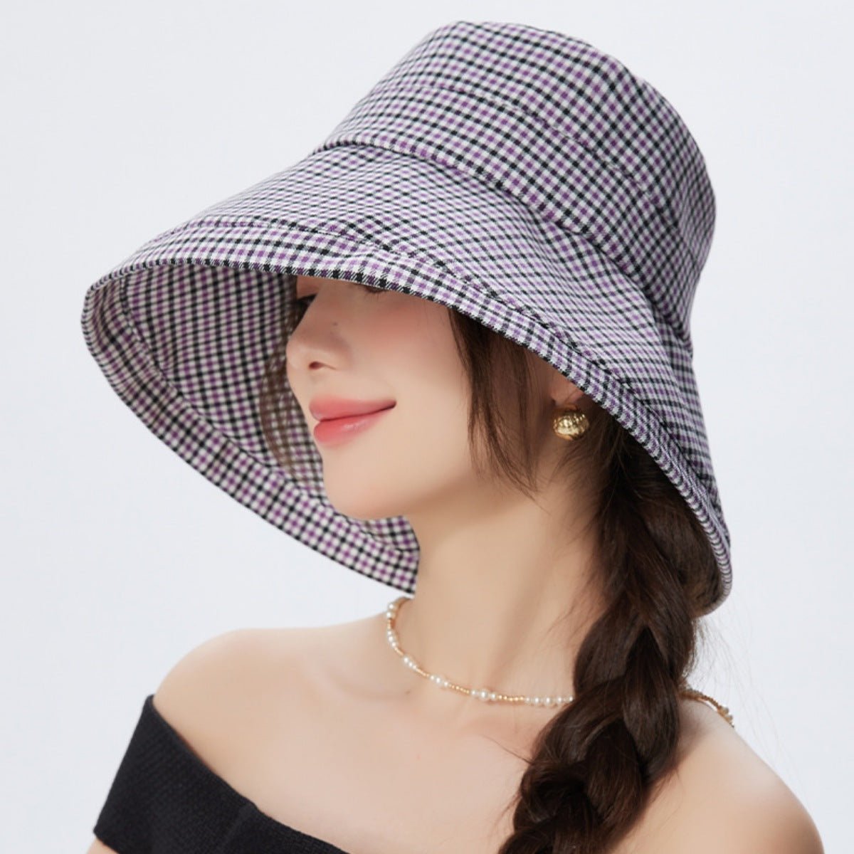 Gingham Pattern Wide Brim Bucket Hat - Flip Flop Dynasty