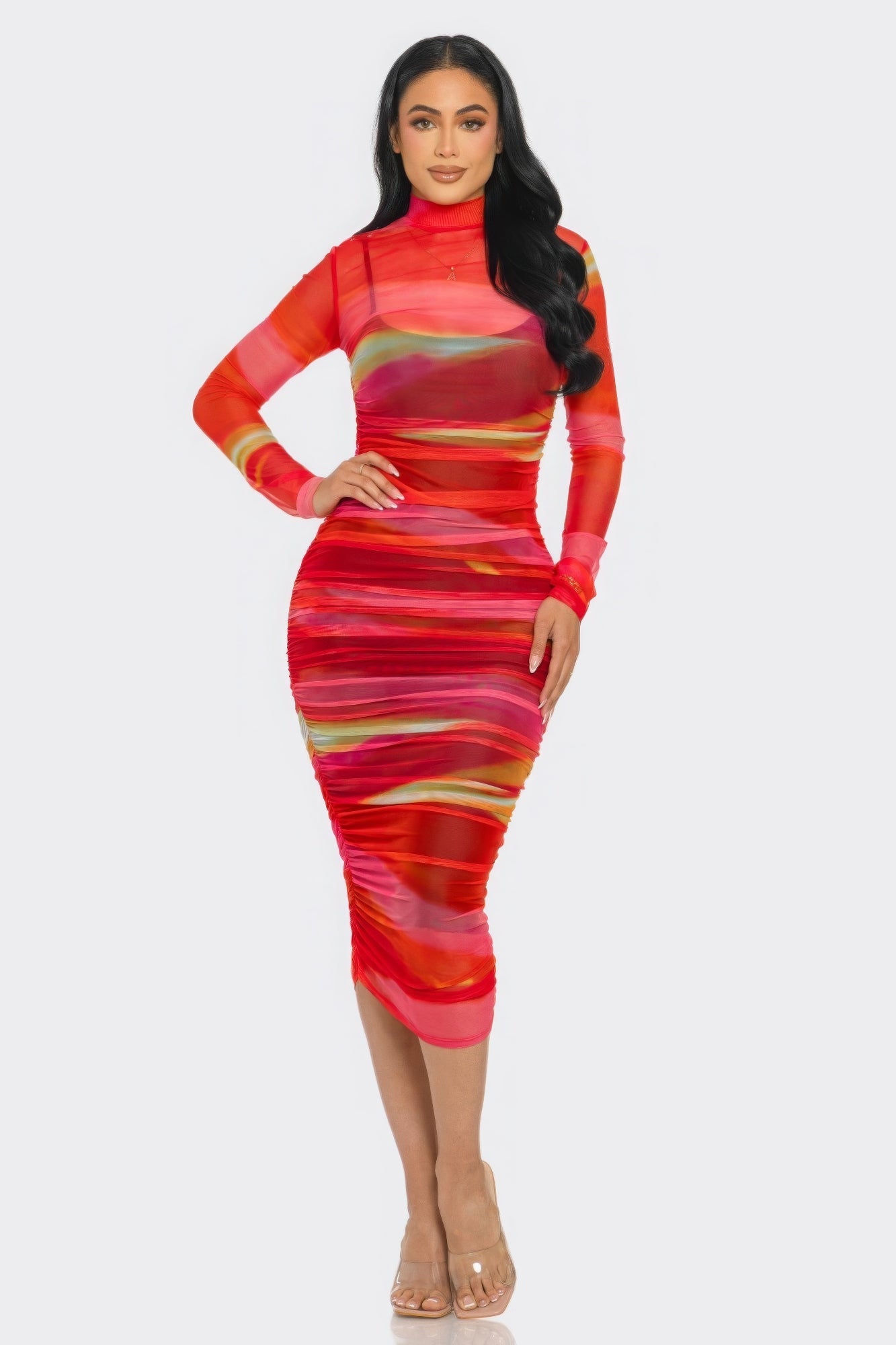 Glitch Print Mesh Ruched Midi Dress - Flip Flop Dynasty