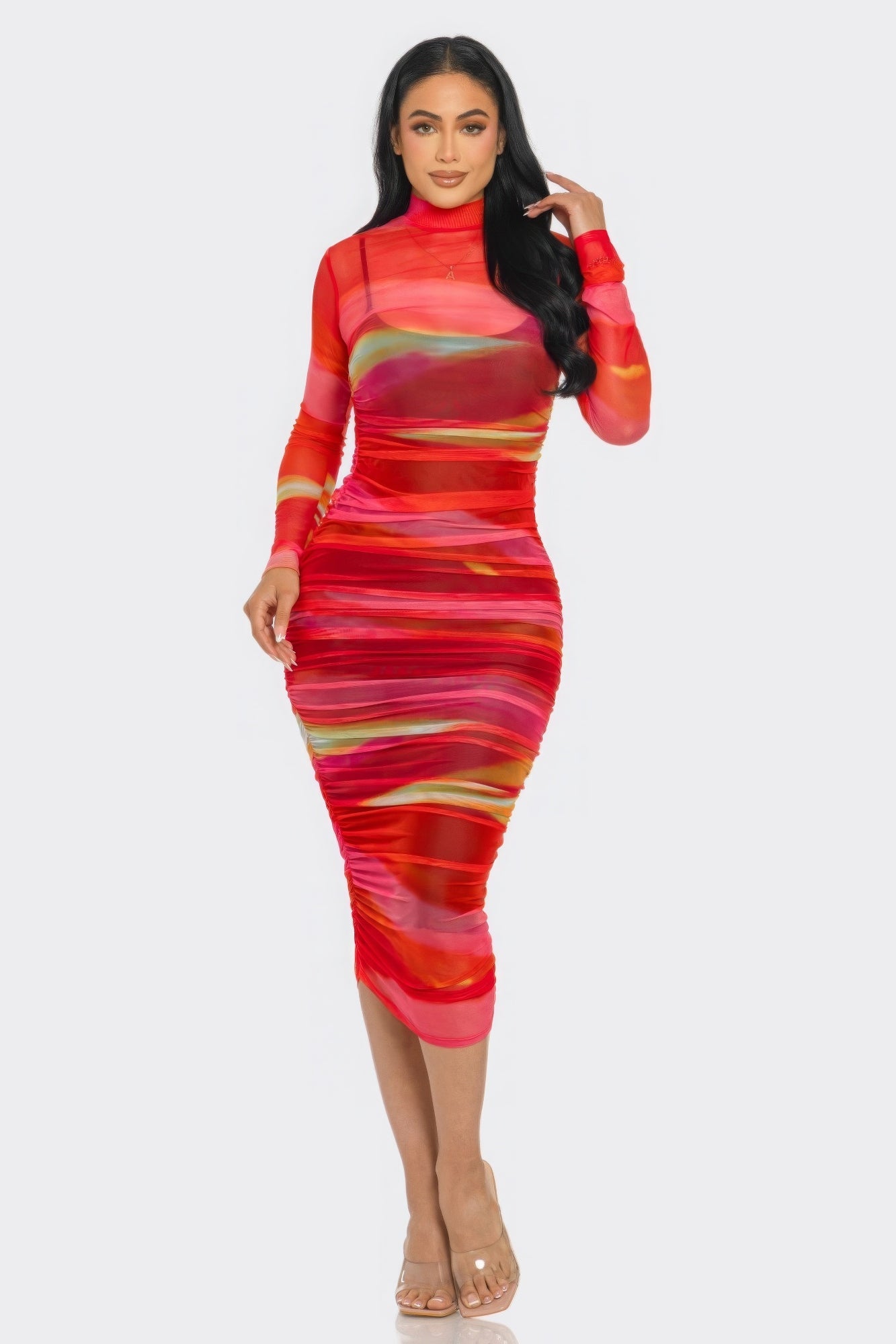 Glitch Print Mesh Ruched Midi Dress - Flip Flop Dynasty