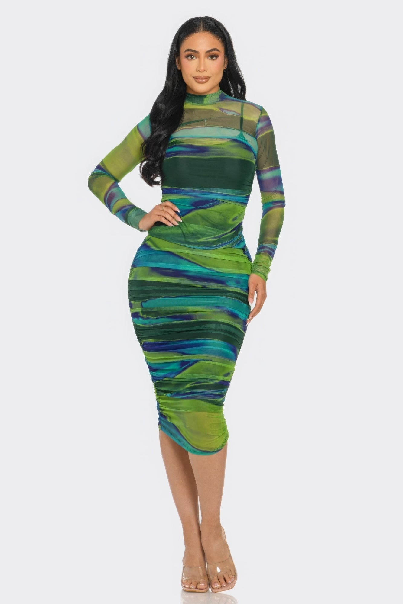 Glitch Print Mesh Ruched Midi Dress - Flip Flop Dynasty