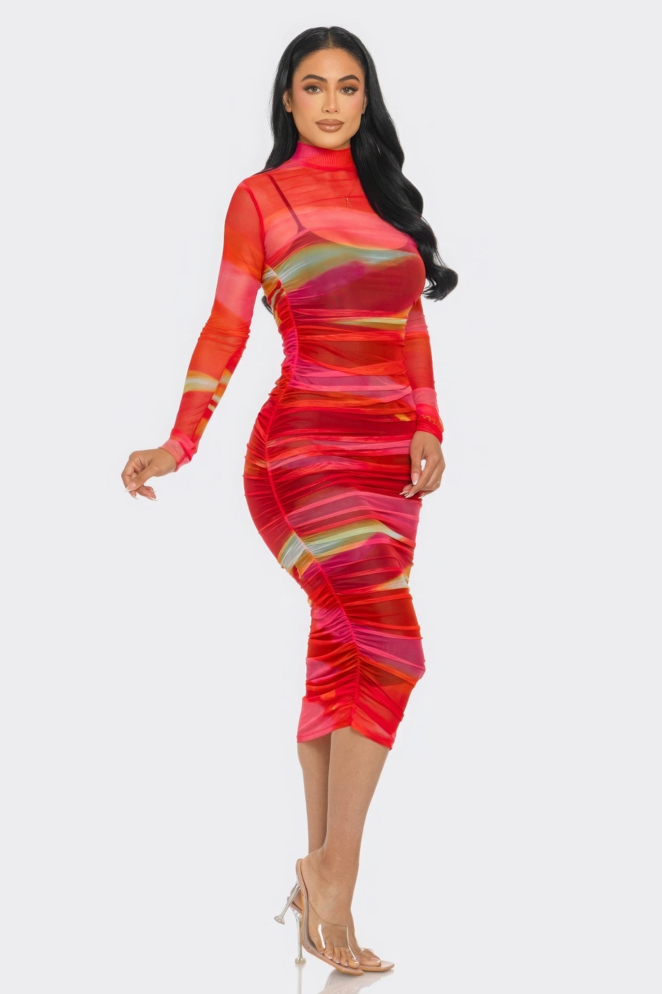 Glitch Print Mesh Ruched Midi Dress - Flip Flop Dynasty