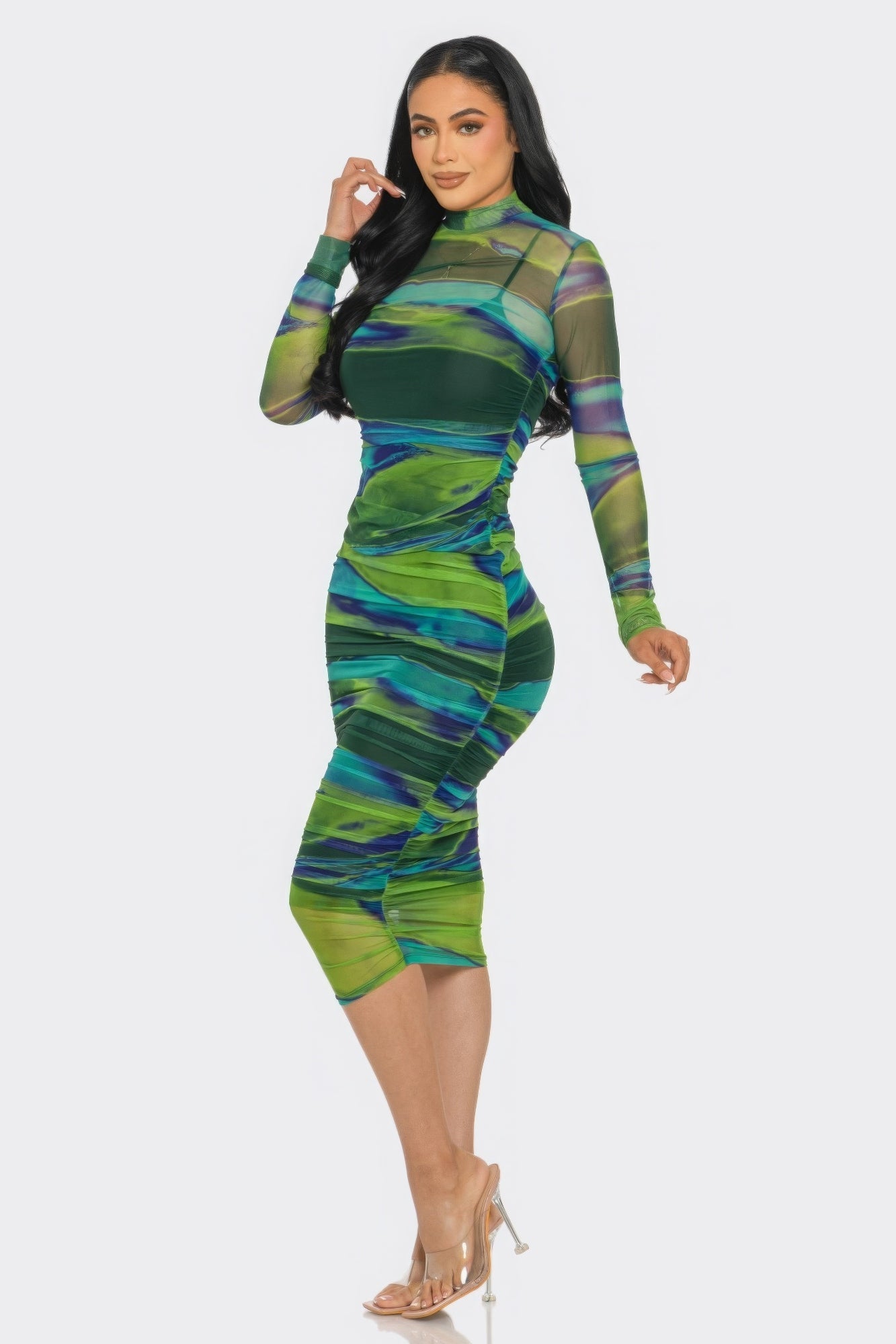 Glitch Print Mesh Ruched Midi Dress - Flip Flop Dynasty
