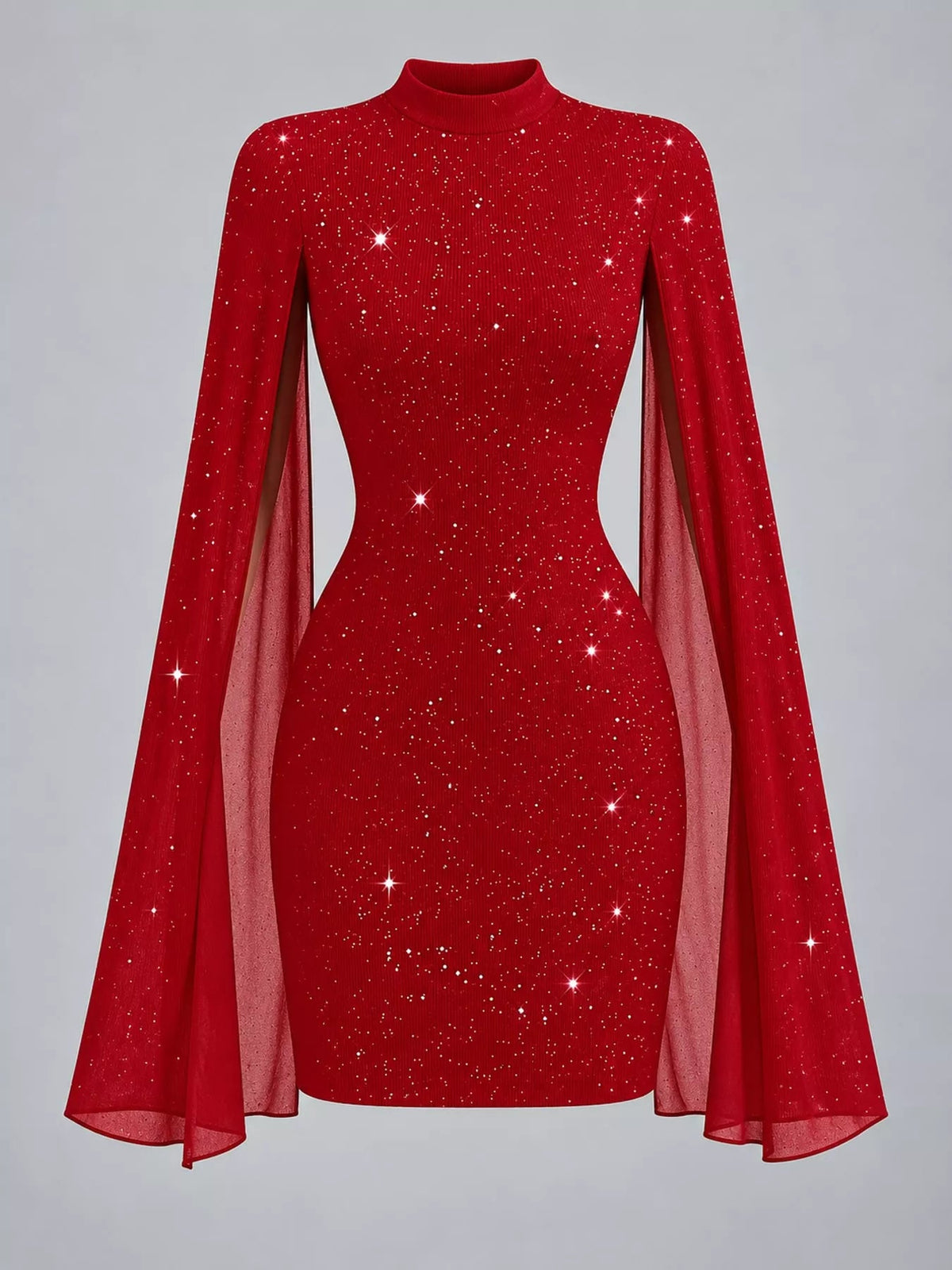 Glitter Mock Neck Cape-Sleeve Bodycon Mini Dress - Flip Flop Dynasty