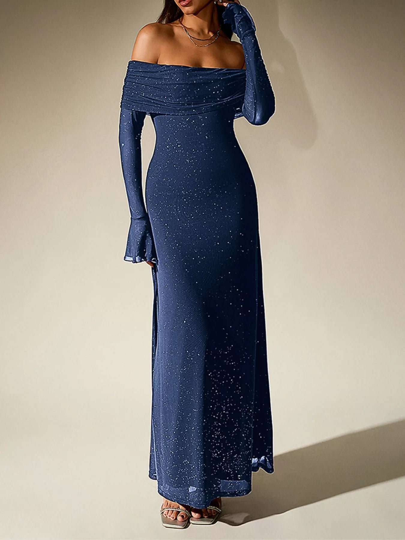 Glitter Off-Shoulder Maxi Dress - Flip Flop Dynasty
