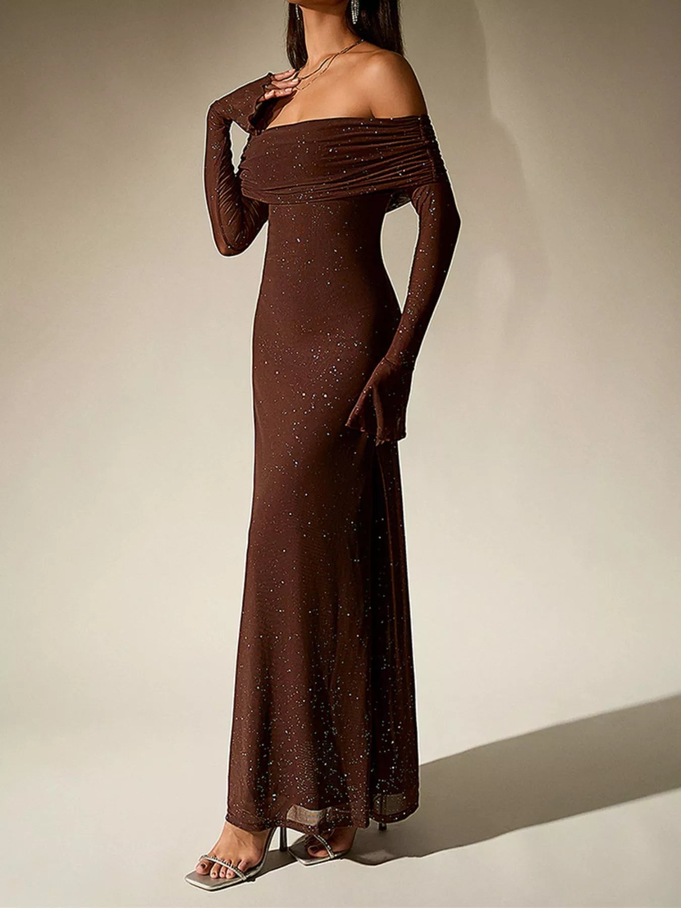 Glitter Off-Shoulder Maxi Dress - Flip Flop Dynasty