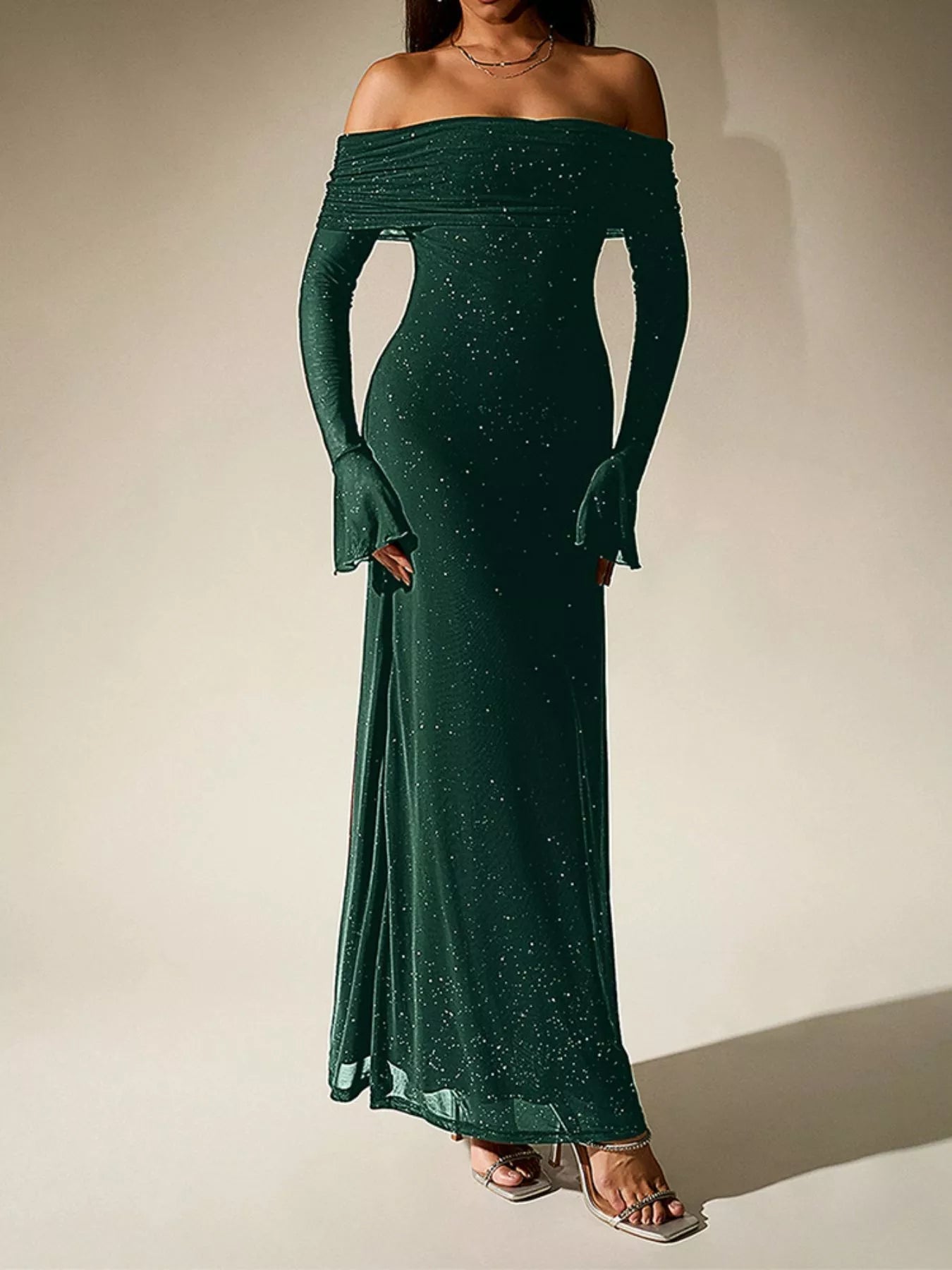 Glitter Off-Shoulder Maxi Dress - Flip Flop Dynasty