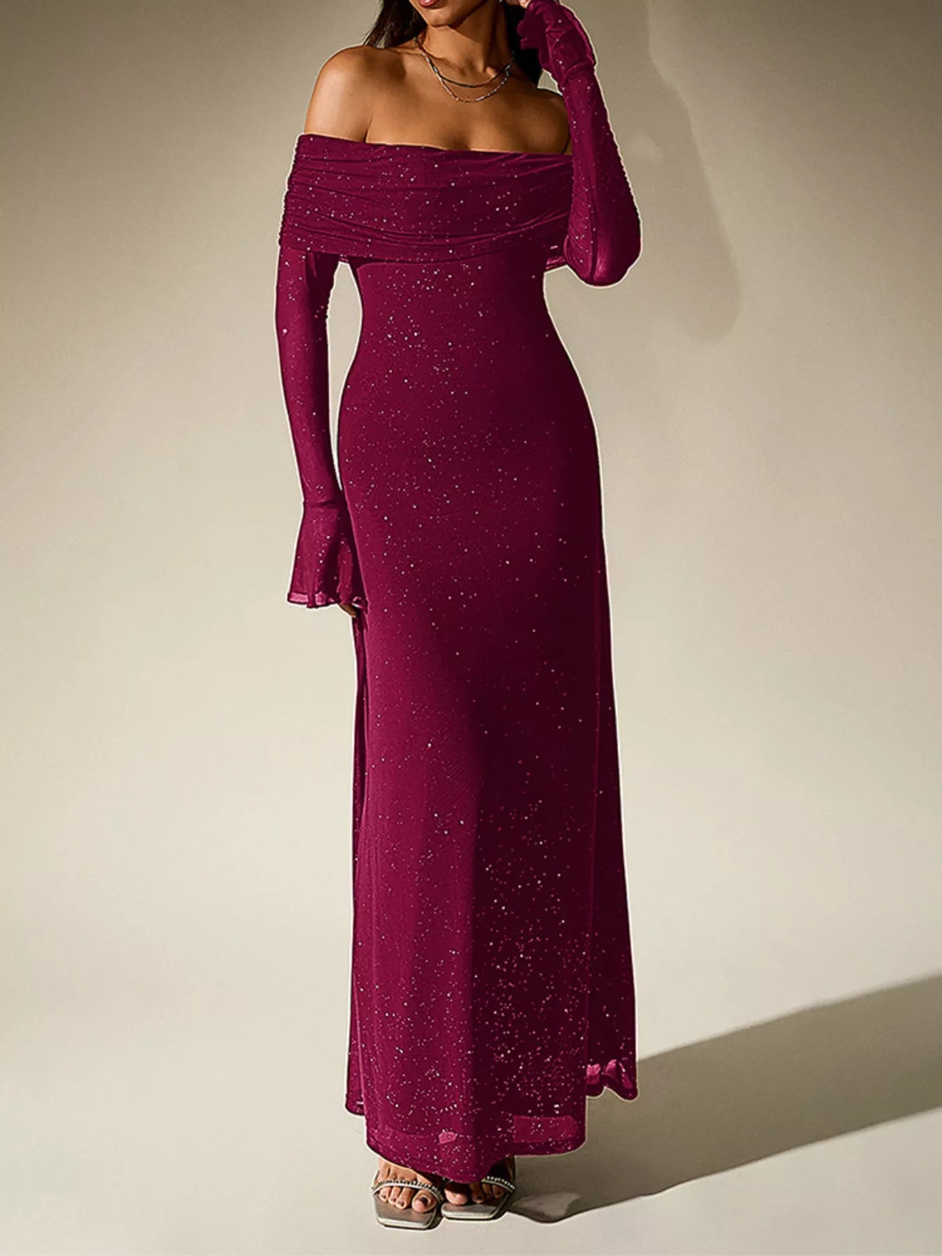 Glitter Off-Shoulder Maxi Dress - Flip Flop Dynasty