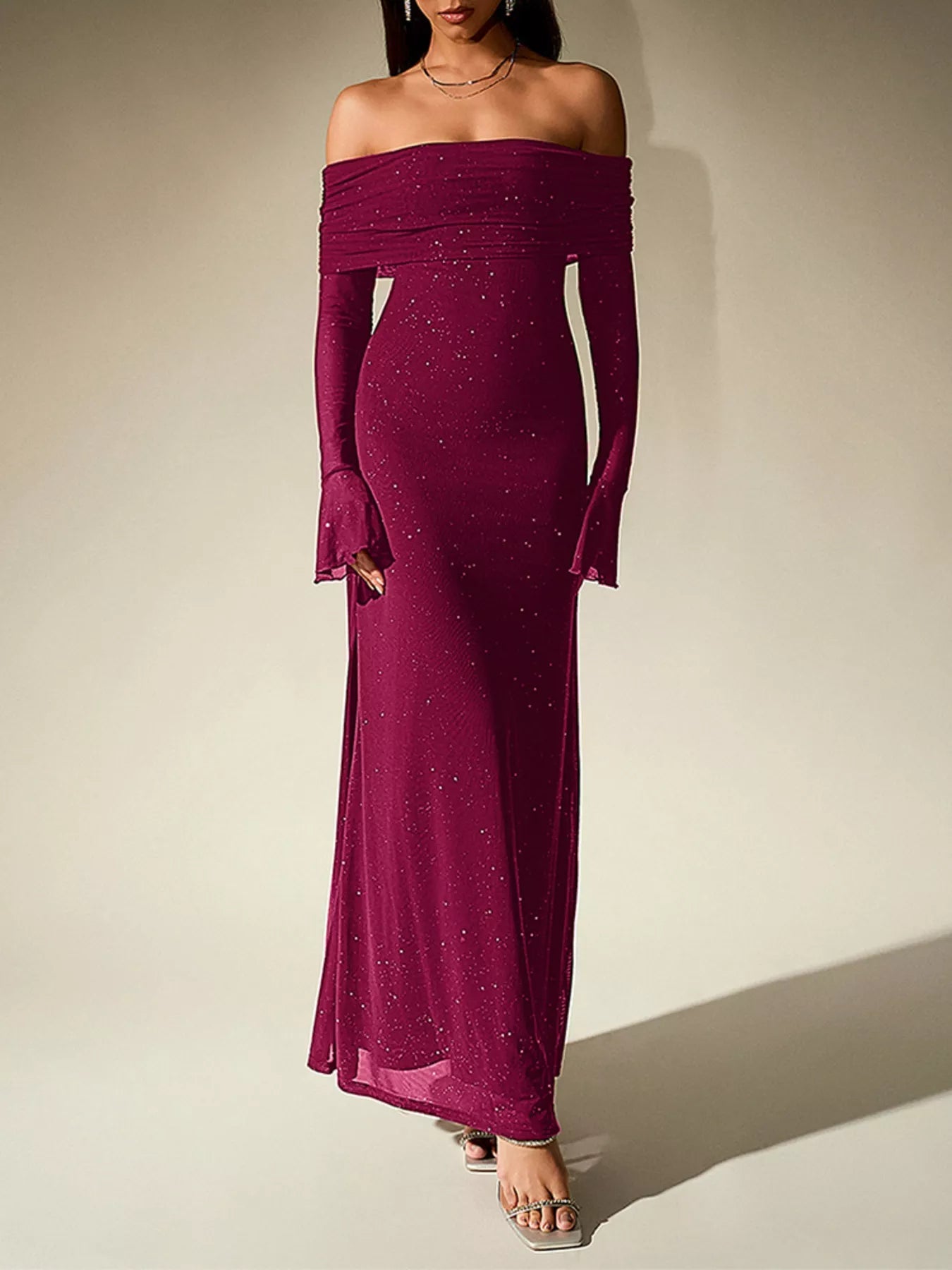 Glitter Off-Shoulder Maxi Dress - Flip Flop Dynasty