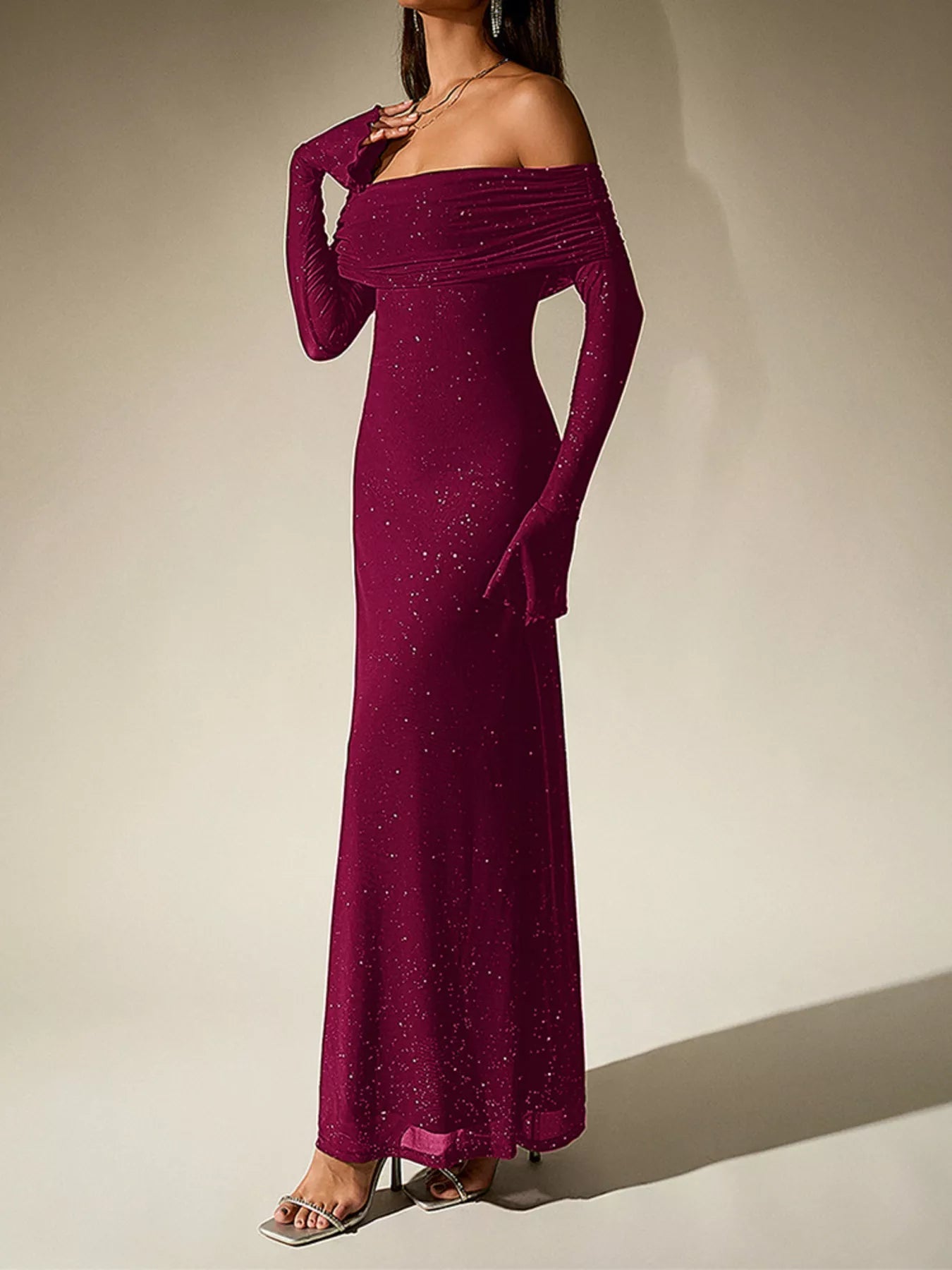 Glitter Off-Shoulder Maxi Dress - Flip Flop Dynasty