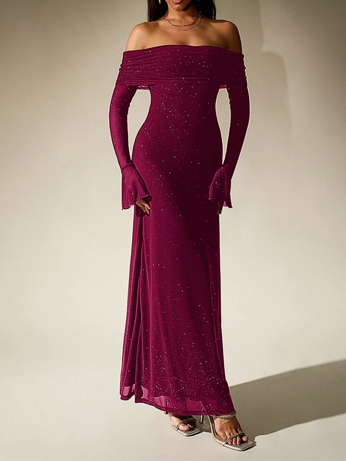 Glitter Off-Shoulder Maxi Dress - Flip Flop Dynasty