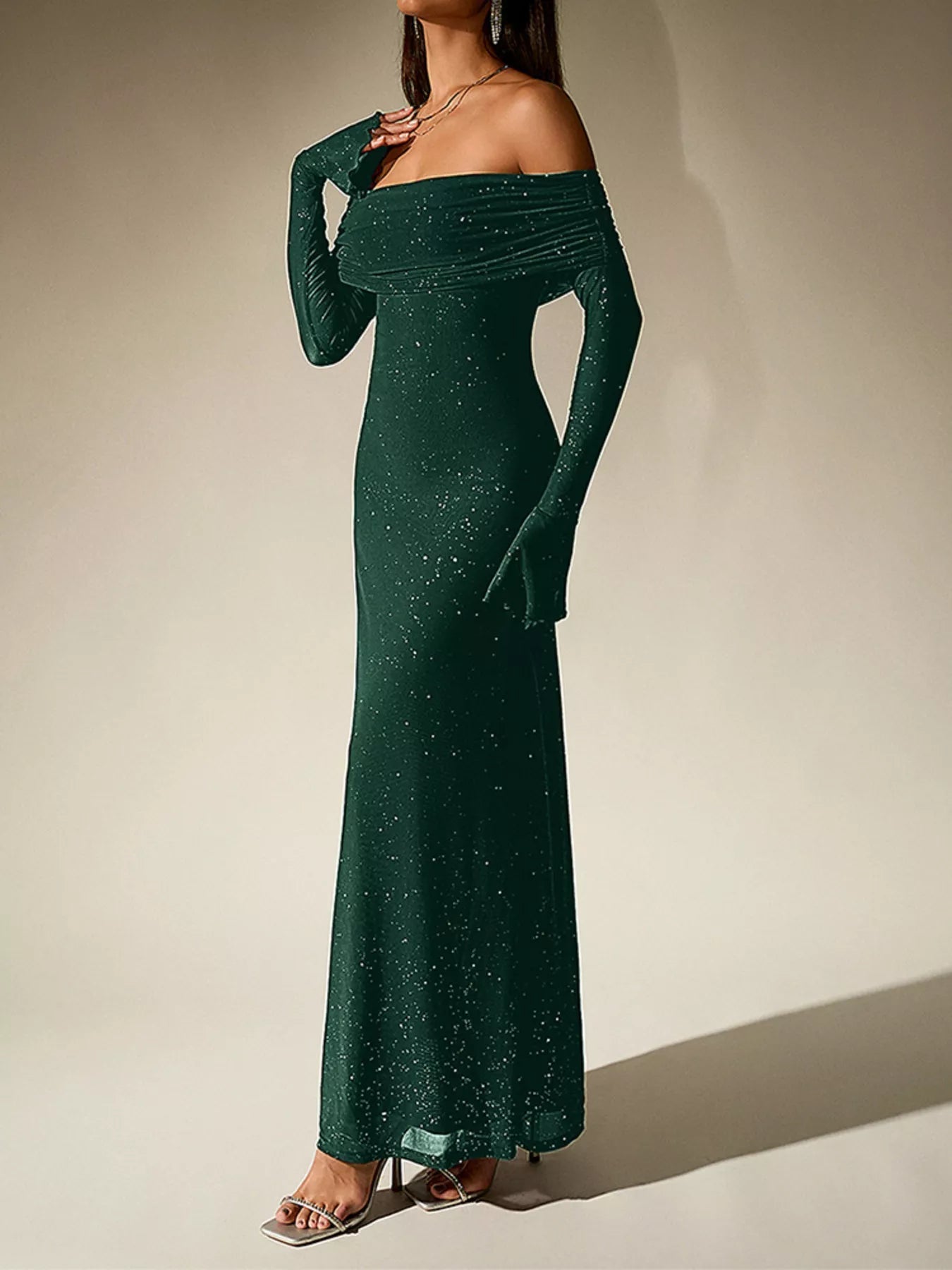 Glitter Off-Shoulder Maxi Dress - Flip Flop Dynasty