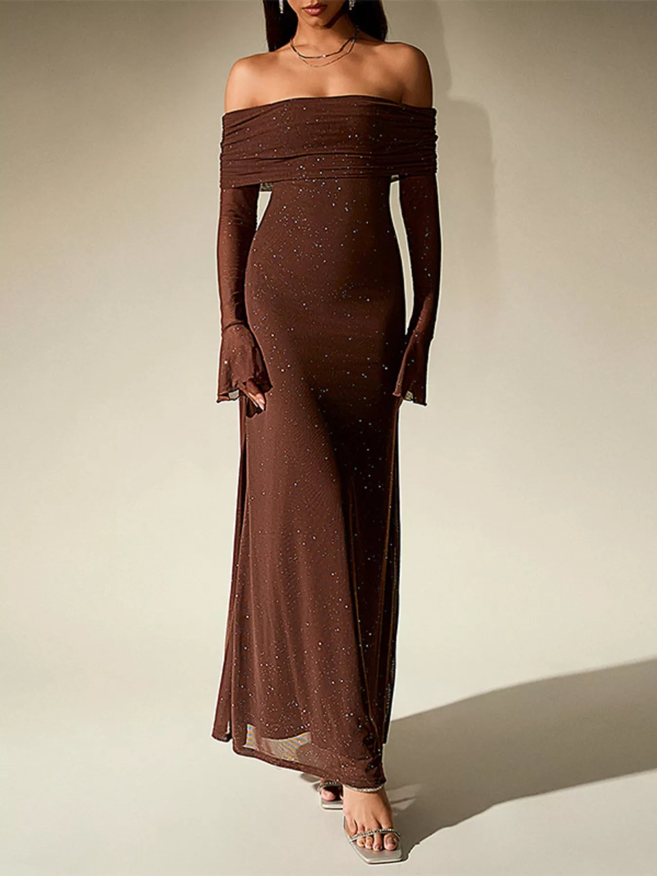 Glitter Off-Shoulder Maxi Dress - Flip Flop Dynasty