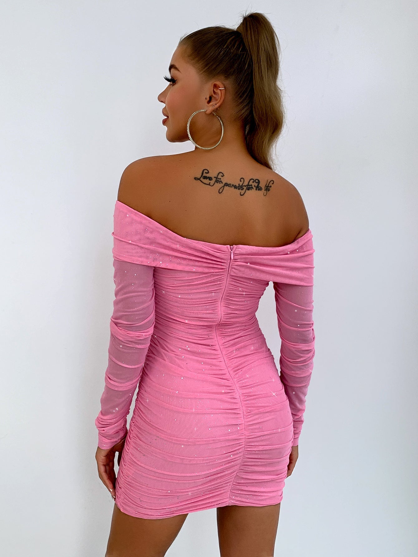 Glitter Ruched Off - Shoulder Long Sleeve Bodycon Dress - Flip Flop Dynasty
