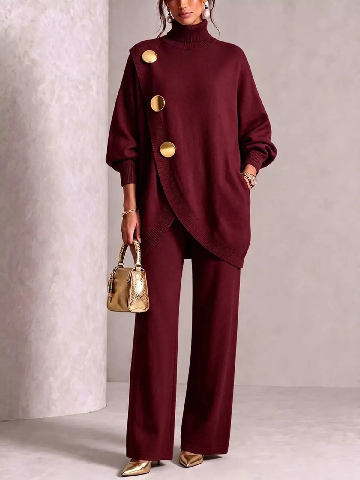 Gold Button Accent Turtleneck Sweater and Pants Set - Flip Flop Dynasty