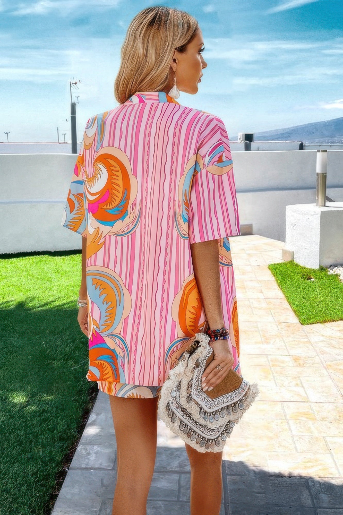 Graphic Print Drop Shoulder Blouse Tie Front Short - Flip Flop Dynasty