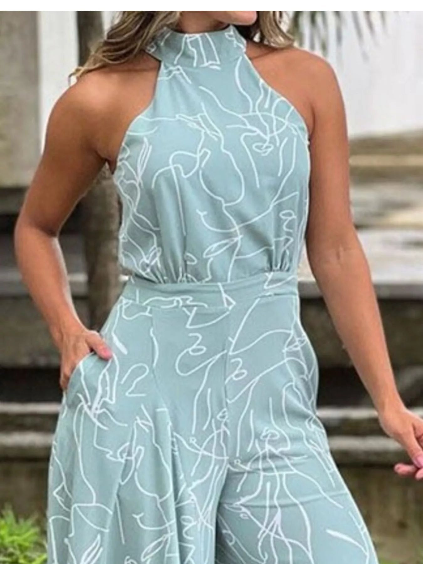 Halter Neck Abstract Print Wide Leg Jumpsuit - Flip Flop Dynasty