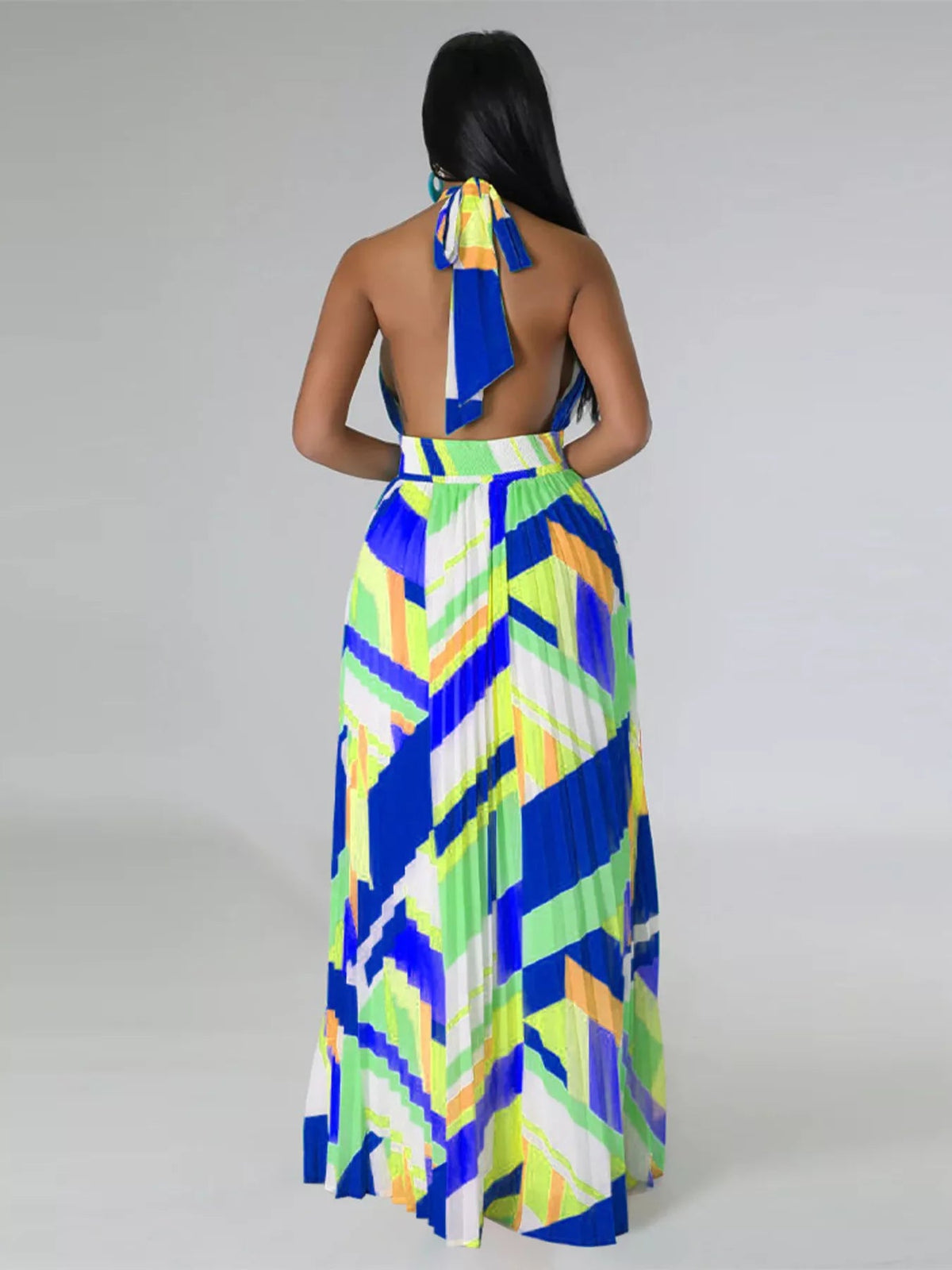 Halter Neck Geometric Print Pleated Maxi Dress - Flip Flop Dynasty