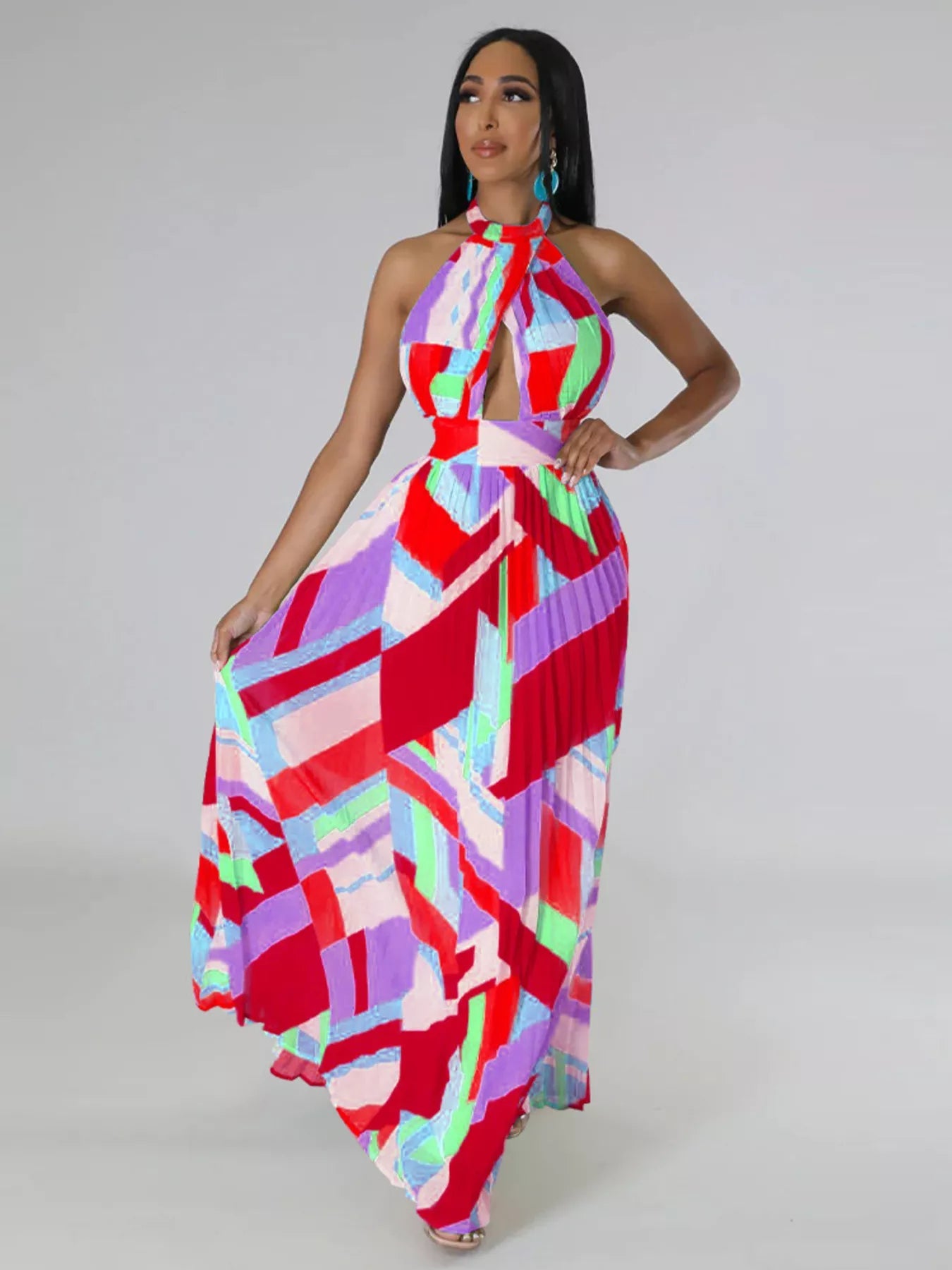 Halter Neck Geometric Print Pleated Maxi Dress - Flip Flop Dynasty
