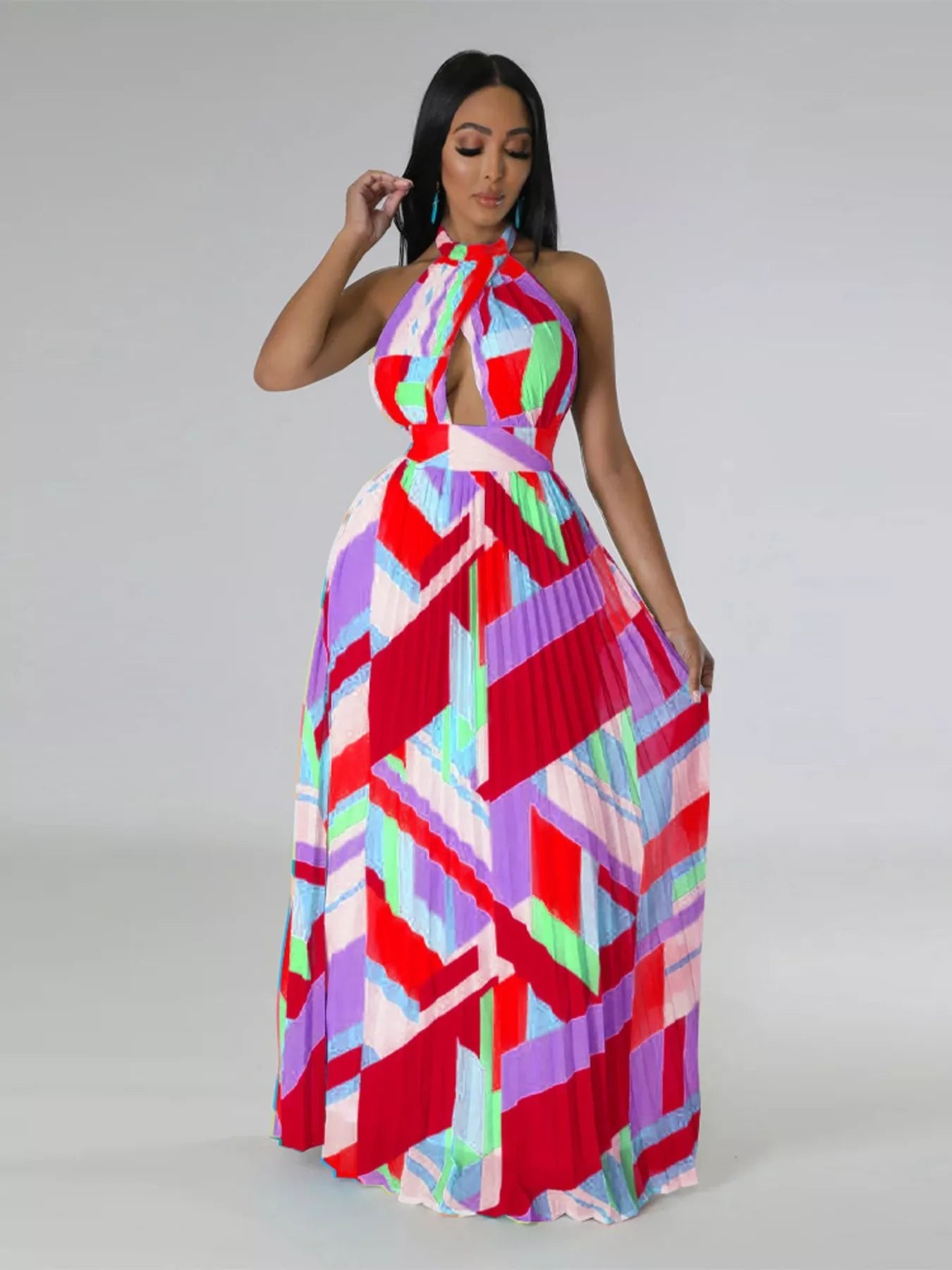 Halter Neck Geometric Print Pleated Maxi Dress - Flip Flop Dynasty