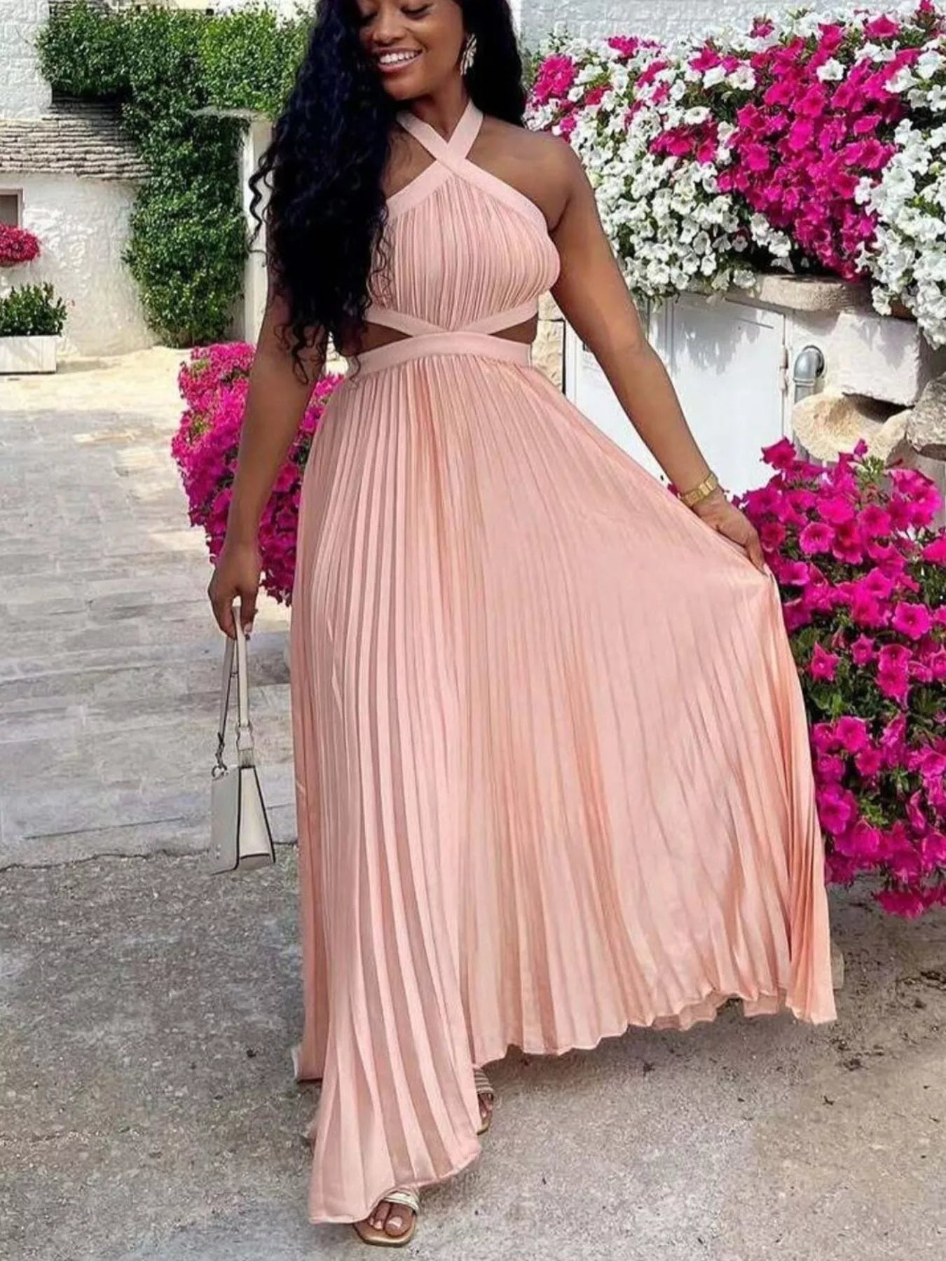 Halter Neck Pleated Maxi Dress - Flip Flop Dynasty