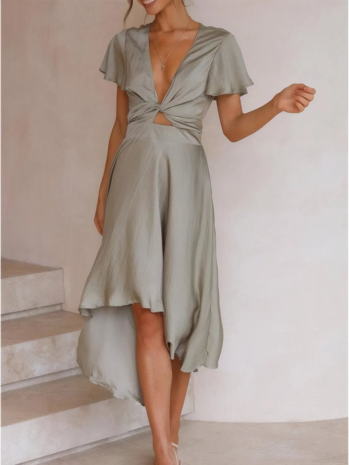High - Low Plunge Flutter Sleeve Dress - Flip Flop Dynasty