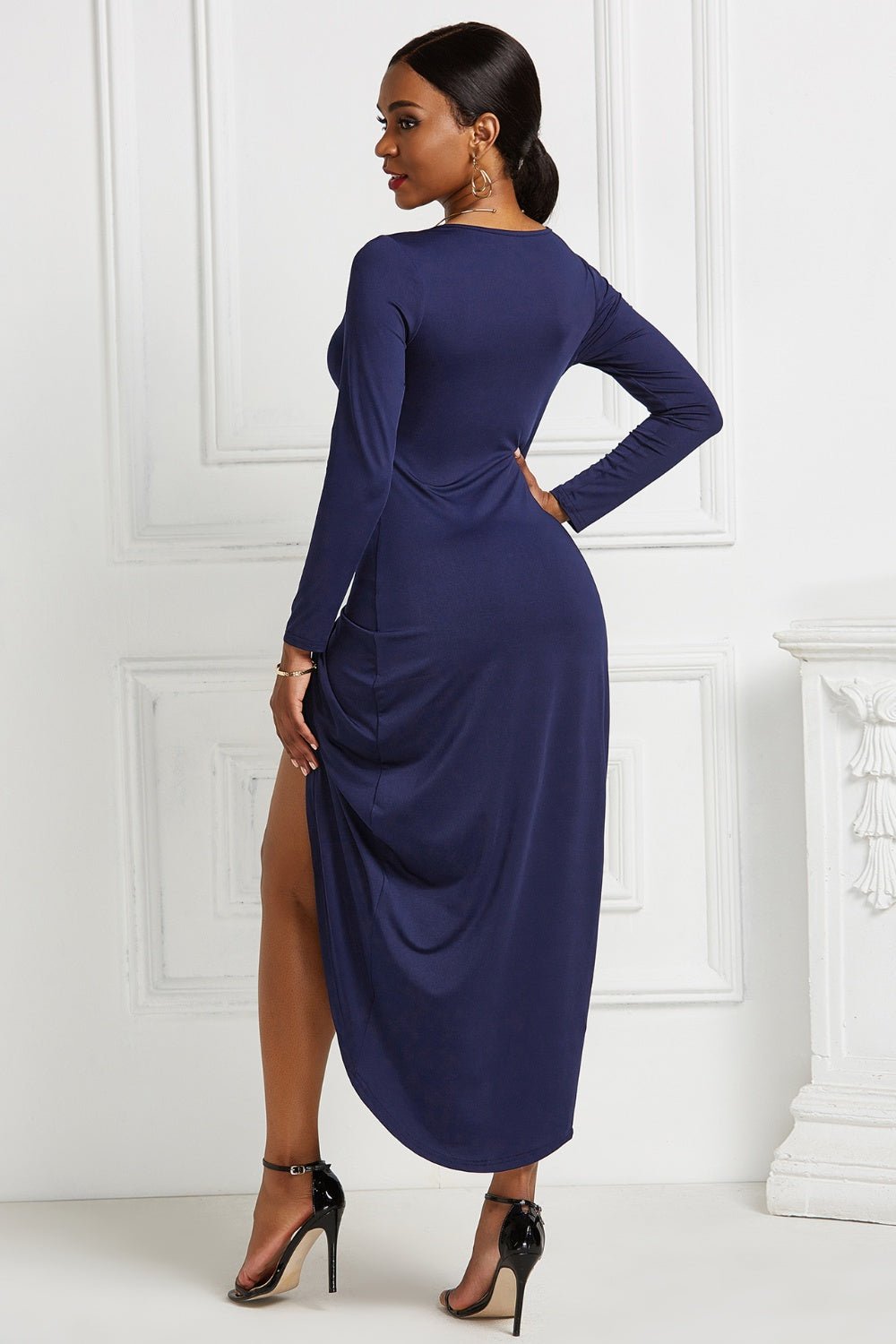 High - low Ruched Surplice Long Sleeve Dress - Flip Flop Dynasty
