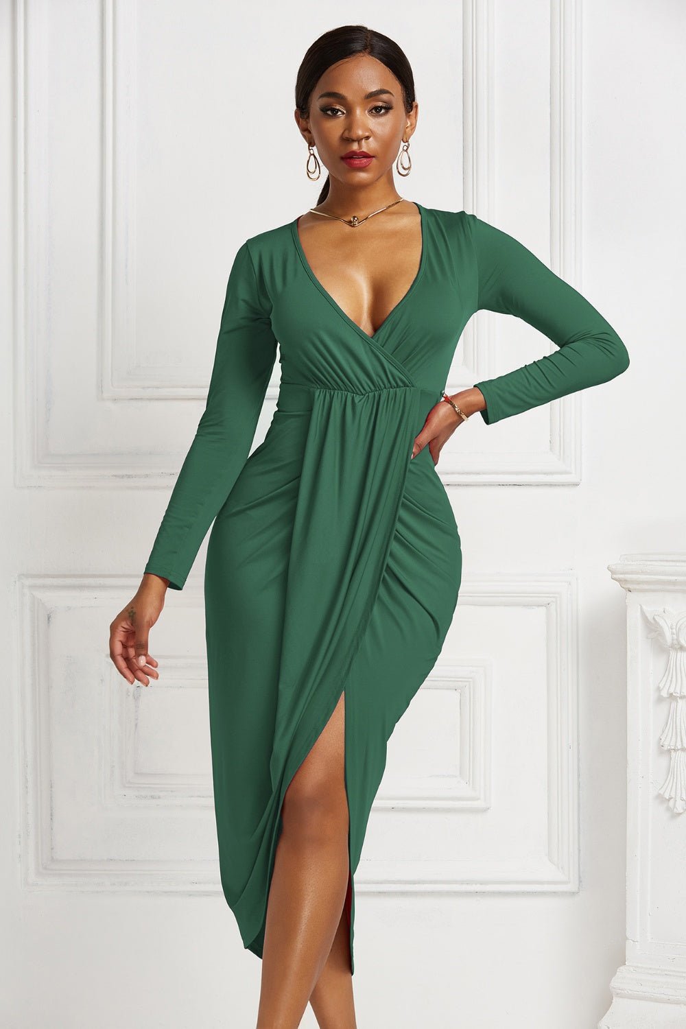 High - low Ruched Surplice Long Sleeve Dress - Flip Flop Dynasty
