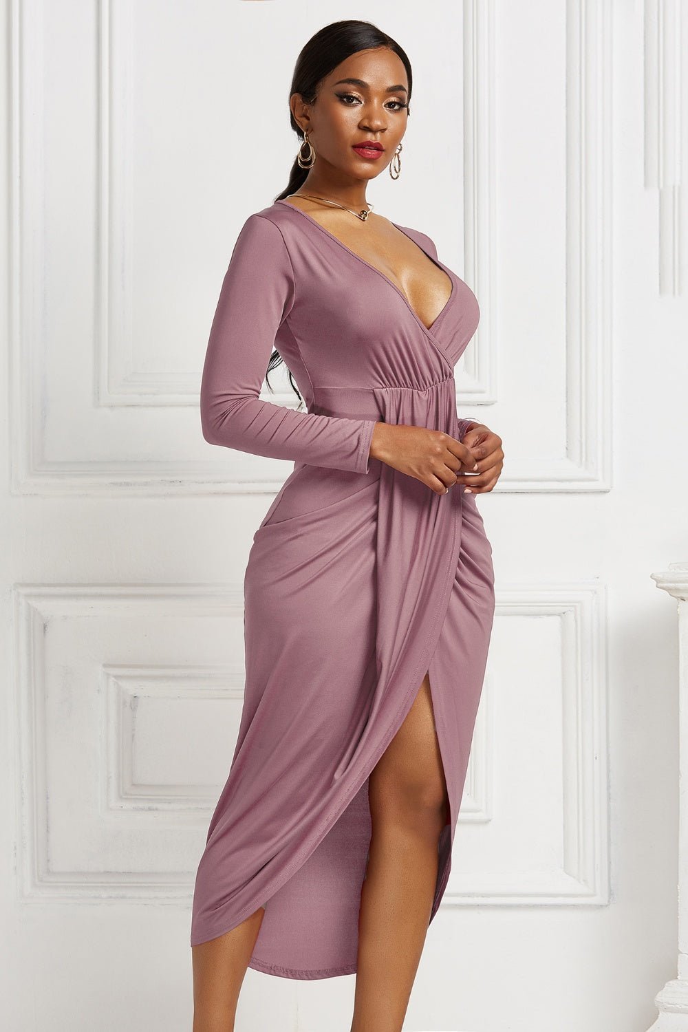 High - low Ruched Surplice Long Sleeve Dress - Flip Flop Dynasty