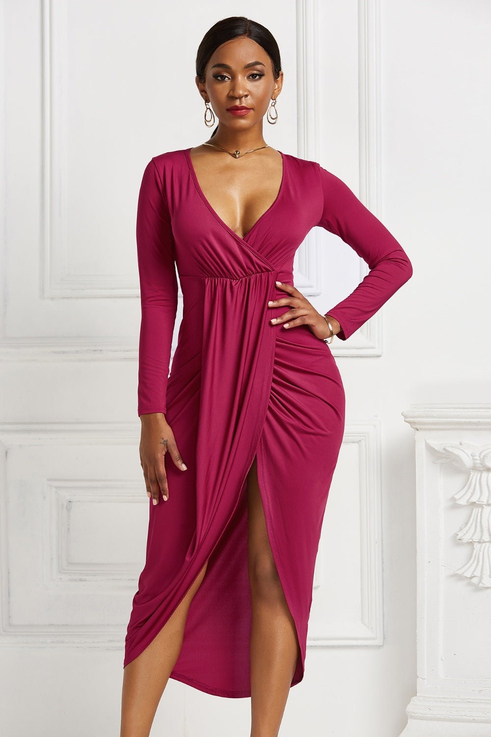 High - low Ruched Surplice Long Sleeve Dress - Flip Flop Dynasty