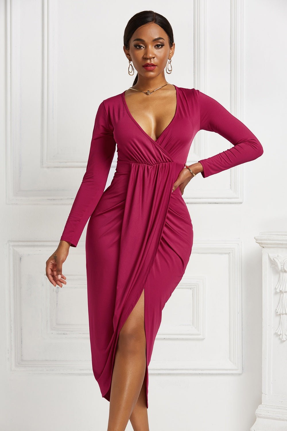 High - low Ruched Surplice Long Sleeve Dress - Flip Flop Dynasty