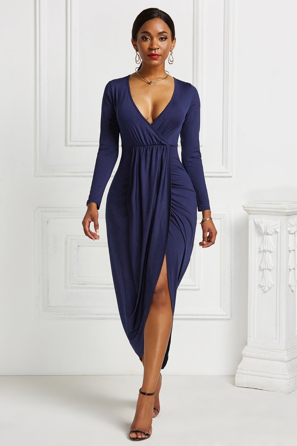 High - low Ruched Surplice Long Sleeve Dress - Flip Flop Dynasty