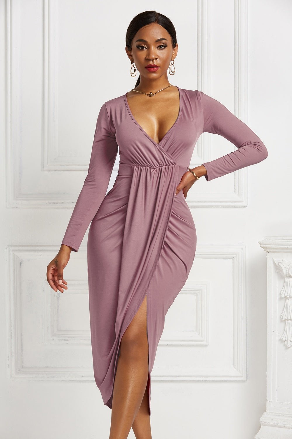 High - low Ruched Surplice Long Sleeve Dress - Flip Flop Dynasty