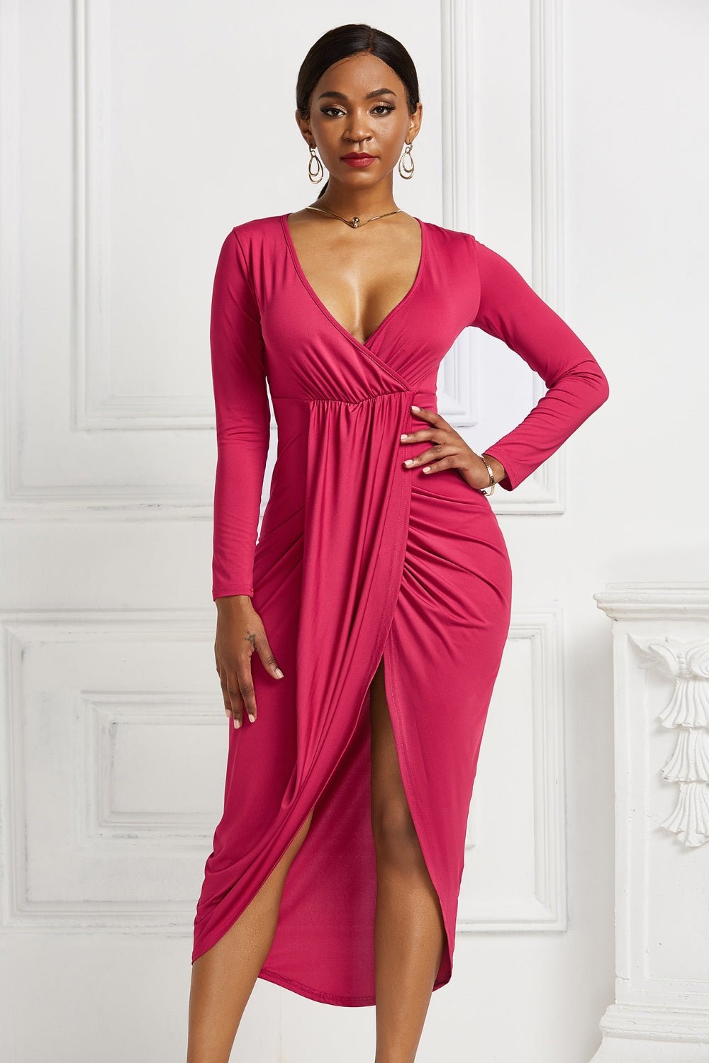 High - low Ruched Surplice Long Sleeve Dress - Flip Flop Dynasty