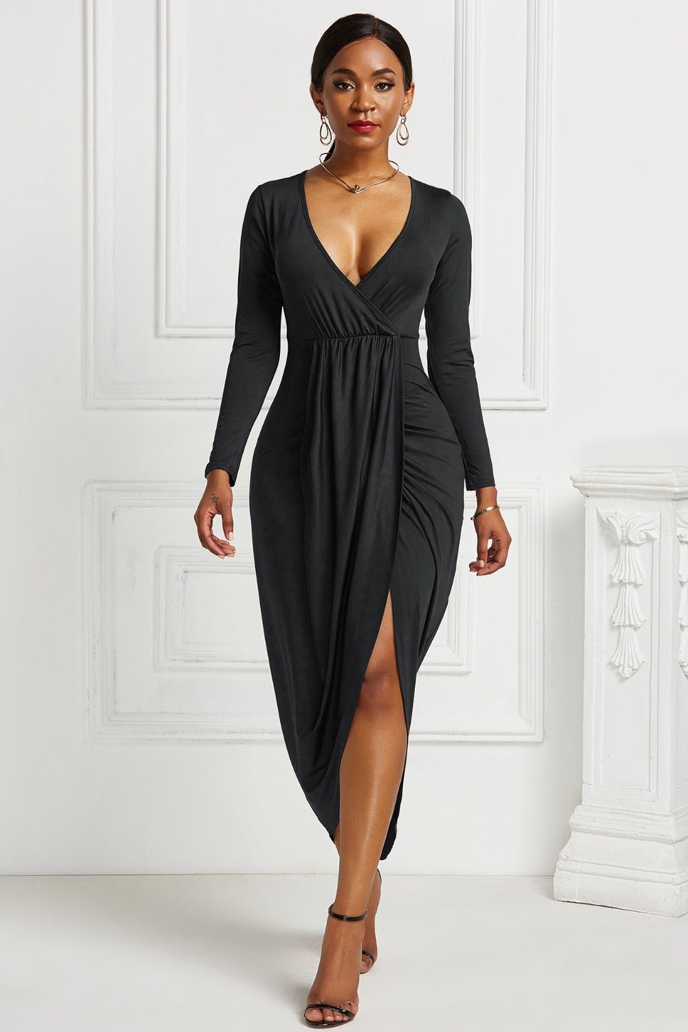 High - low Ruched Surplice Long Sleeve Dress - Flip Flop Dynasty