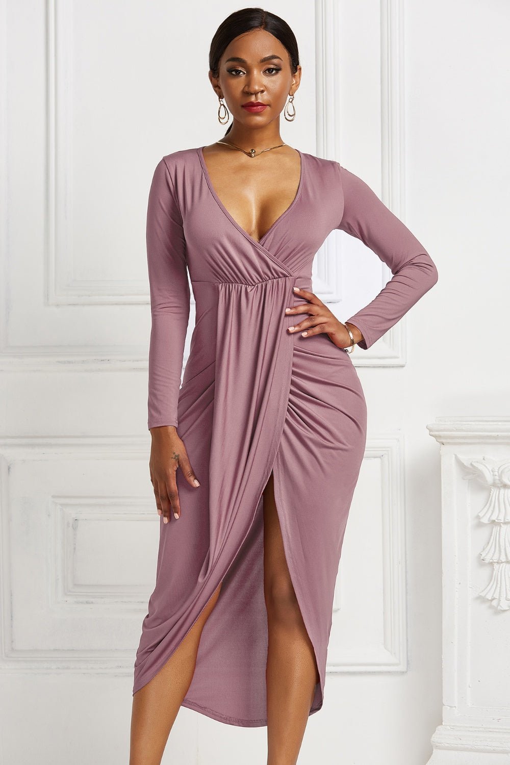 High - low Ruched Surplice Long Sleeve Dress - Flip Flop Dynasty