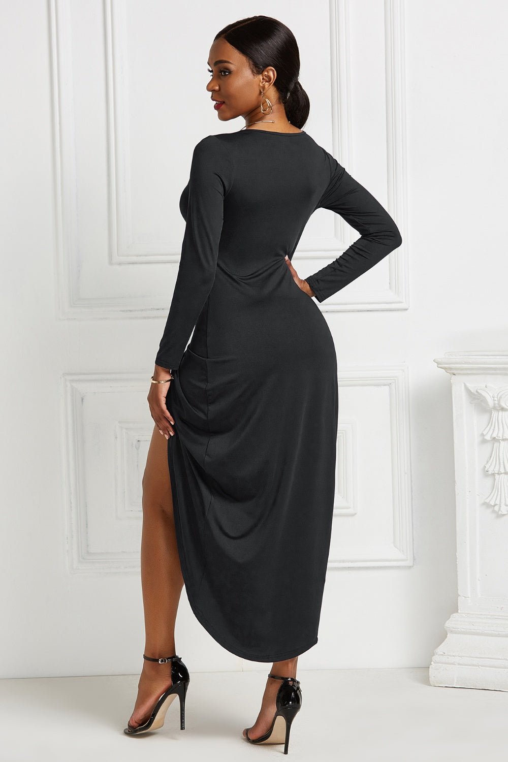 High - low Ruched Surplice Long Sleeve Dress - Flip Flop Dynasty