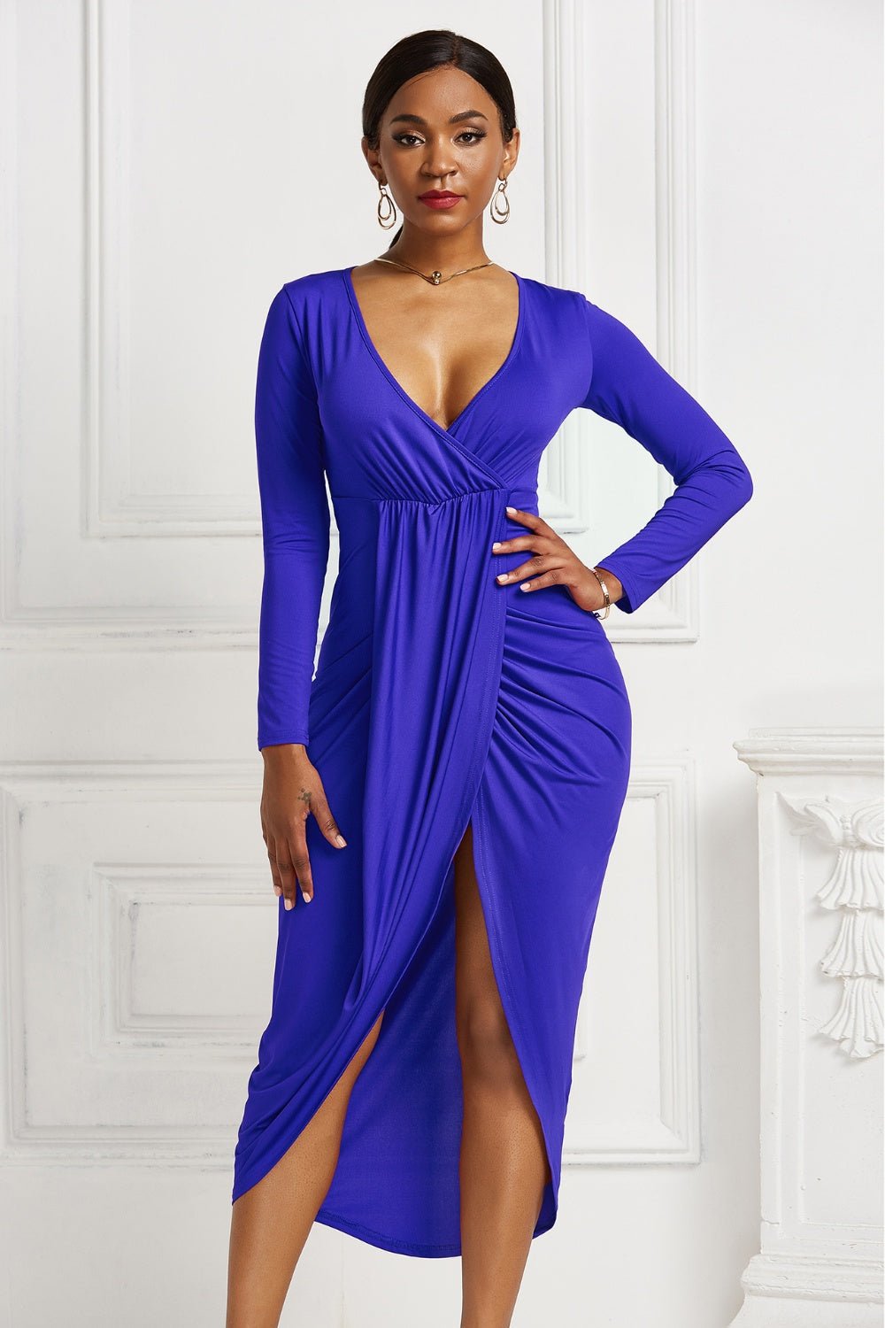 High - low Ruched Surplice Long Sleeve Dress - Flip Flop Dynasty