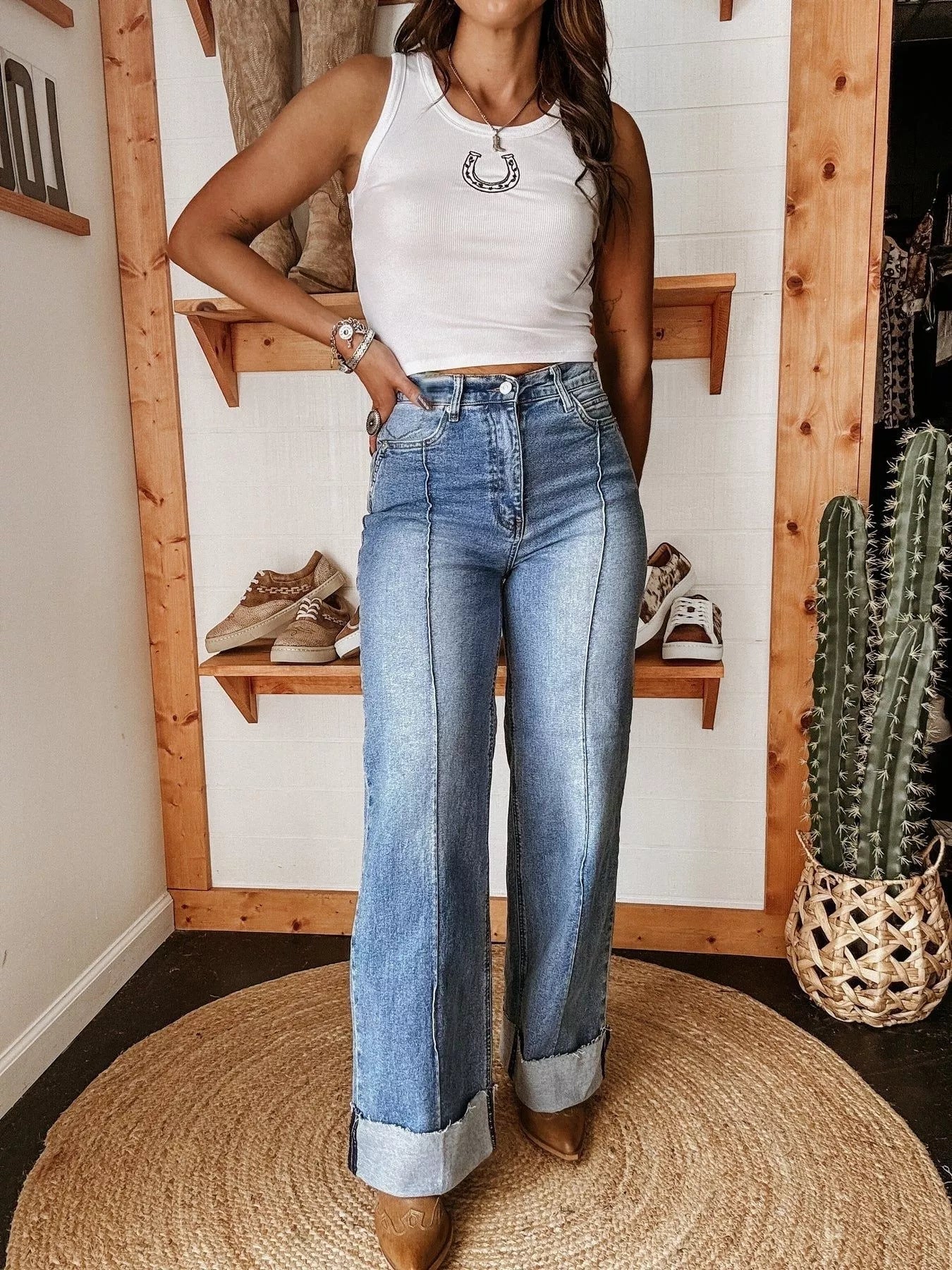 High - Waisted Wide Leg Cuffed Jeans - Flip Flop Dynasty