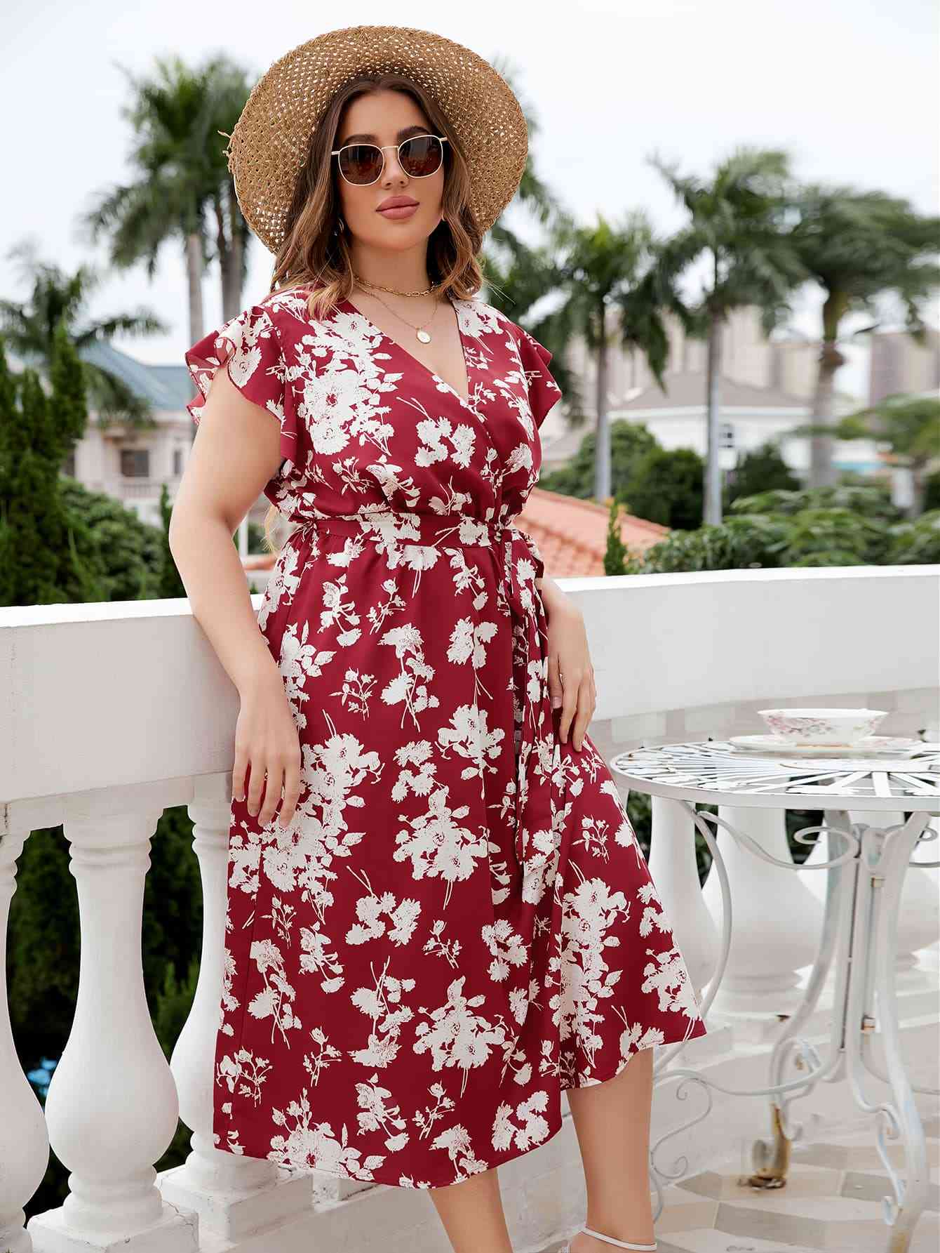Honey Plus Size Floral Tie Waist Surplice Neck Midi Dress - Flip Flop Dynasty