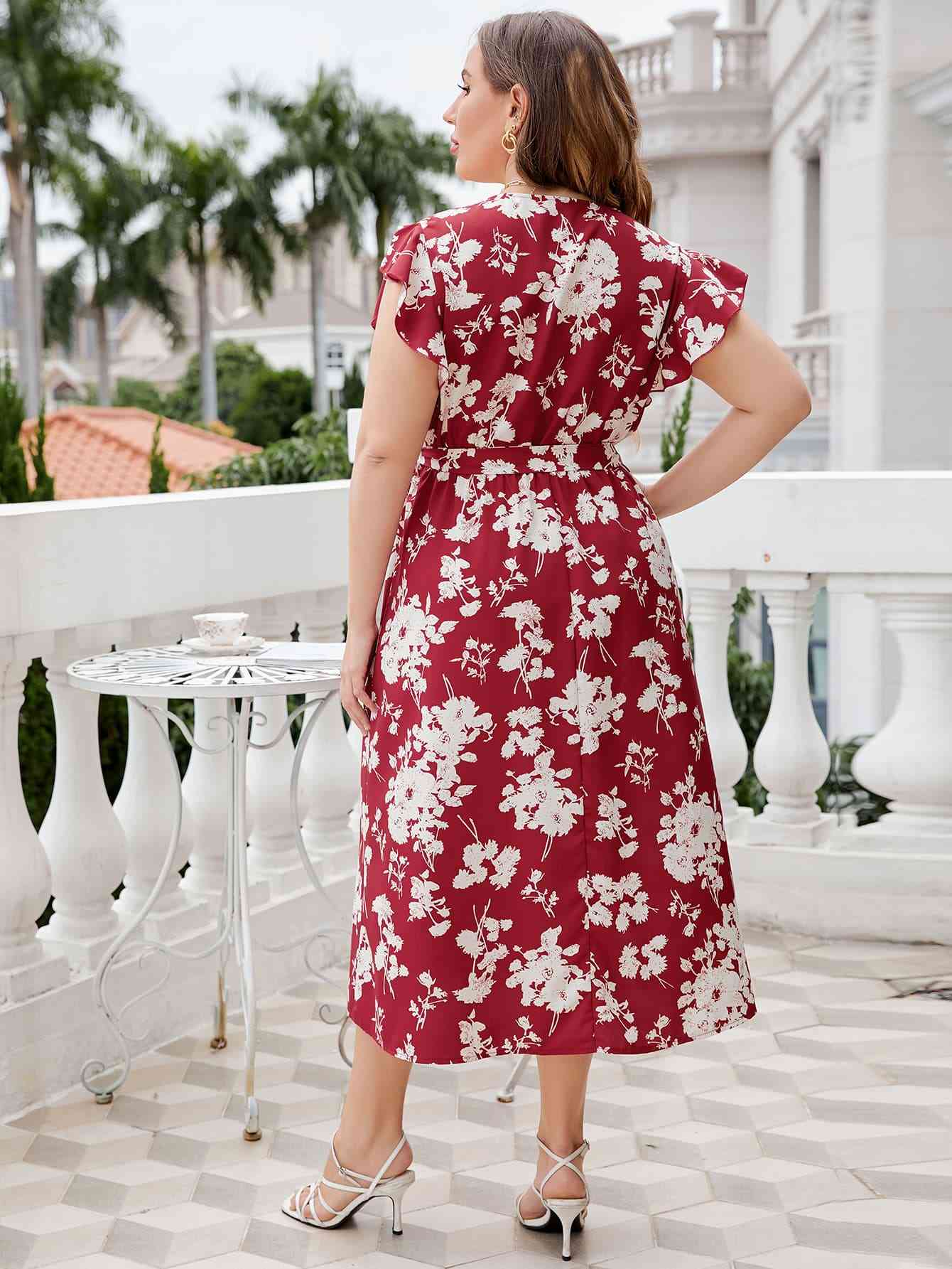 Honey Plus Size Floral Tie Waist Surplice Neck Midi Dress - Flip Flop Dynasty