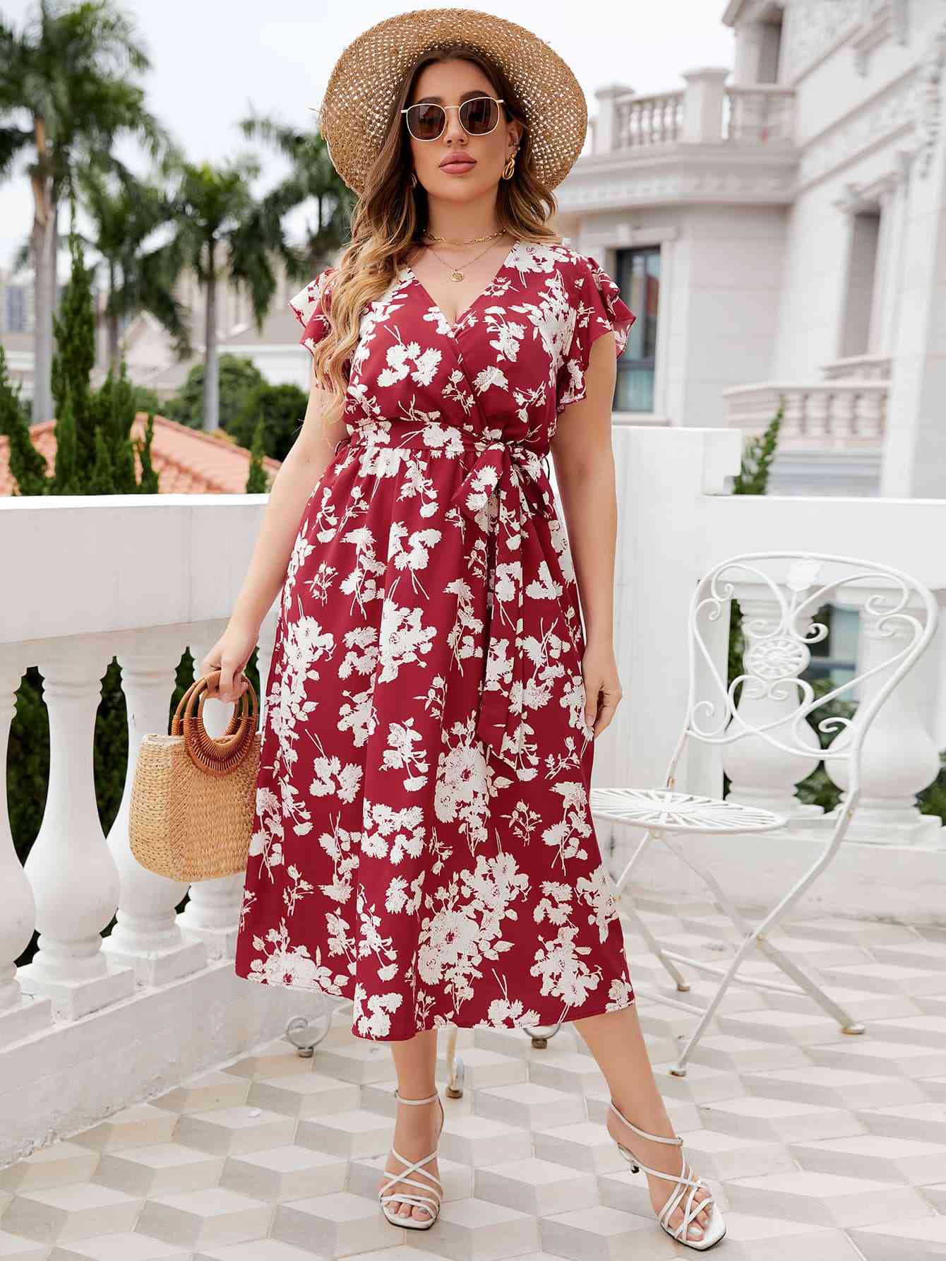 Honey Plus Size Floral Tie Waist Surplice Neck Midi Dress - Flip Flop Dynasty