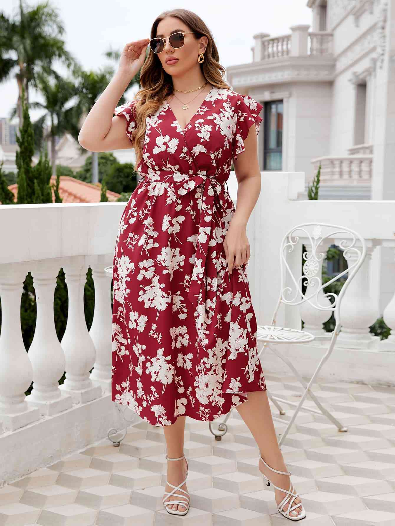 Honey Plus Size Floral Tie Waist Surplice Neck Midi Dress - Flip Flop Dynasty