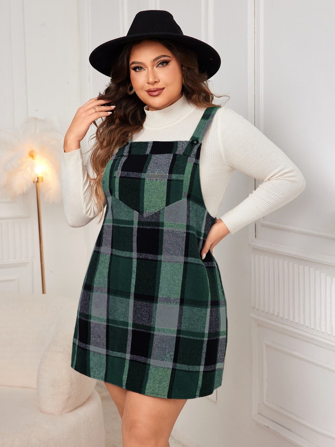 Honey Plus Size Plaid Wide Strap Overall Dress - Flip Flop Dynasty