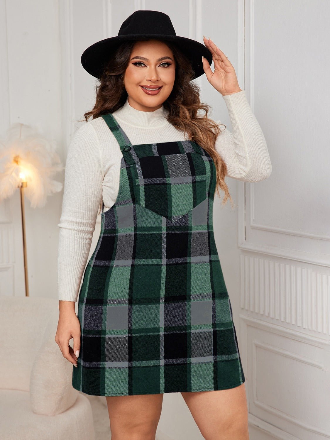 Honey Plus Size Plaid Wide Strap Overall Dress - Flip Flop Dynasty