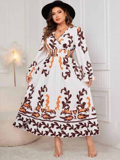 Honey Plus Size Printed Surplice Flounce Sleeve Dress - Flip Flop Dynasty