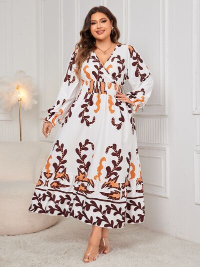 Honey Plus Size Printed Surplice Flounce Sleeve Dress - Flip Flop Dynasty