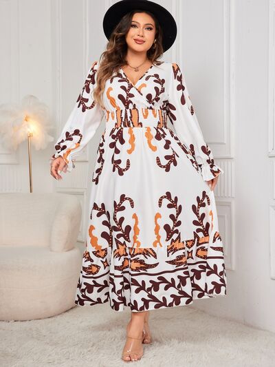 Honey Plus Size Printed Surplice Flounce Sleeve Dress - Flip Flop Dynasty
