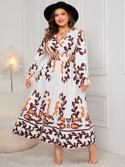 Honey Plus Size Printed Surplice Flounce Sleeve Dress - Flip Flop Dynasty