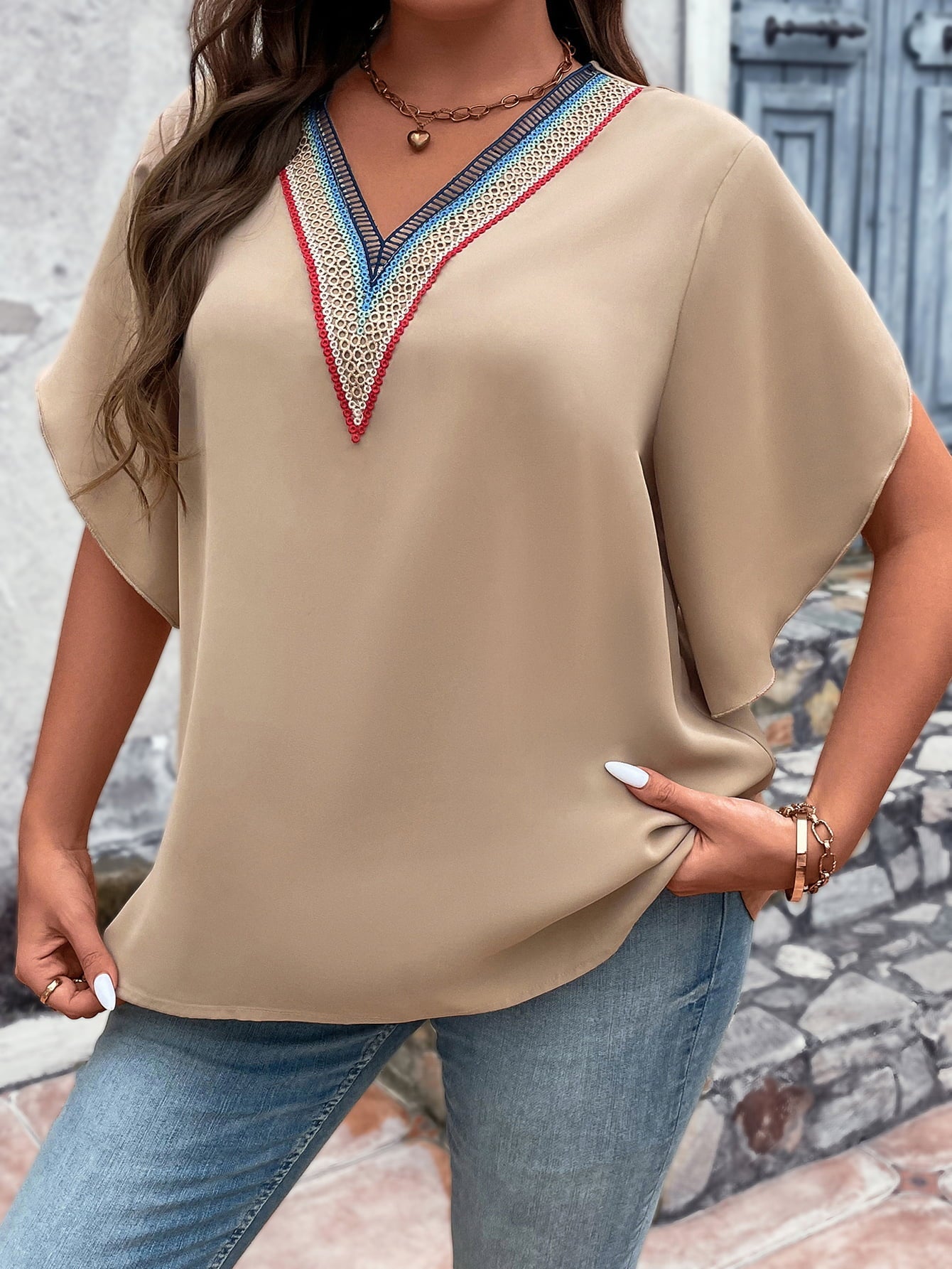 Honey Plus Size V - Neck Flutter Sleeve Blouse - Flip Flop Dynasty